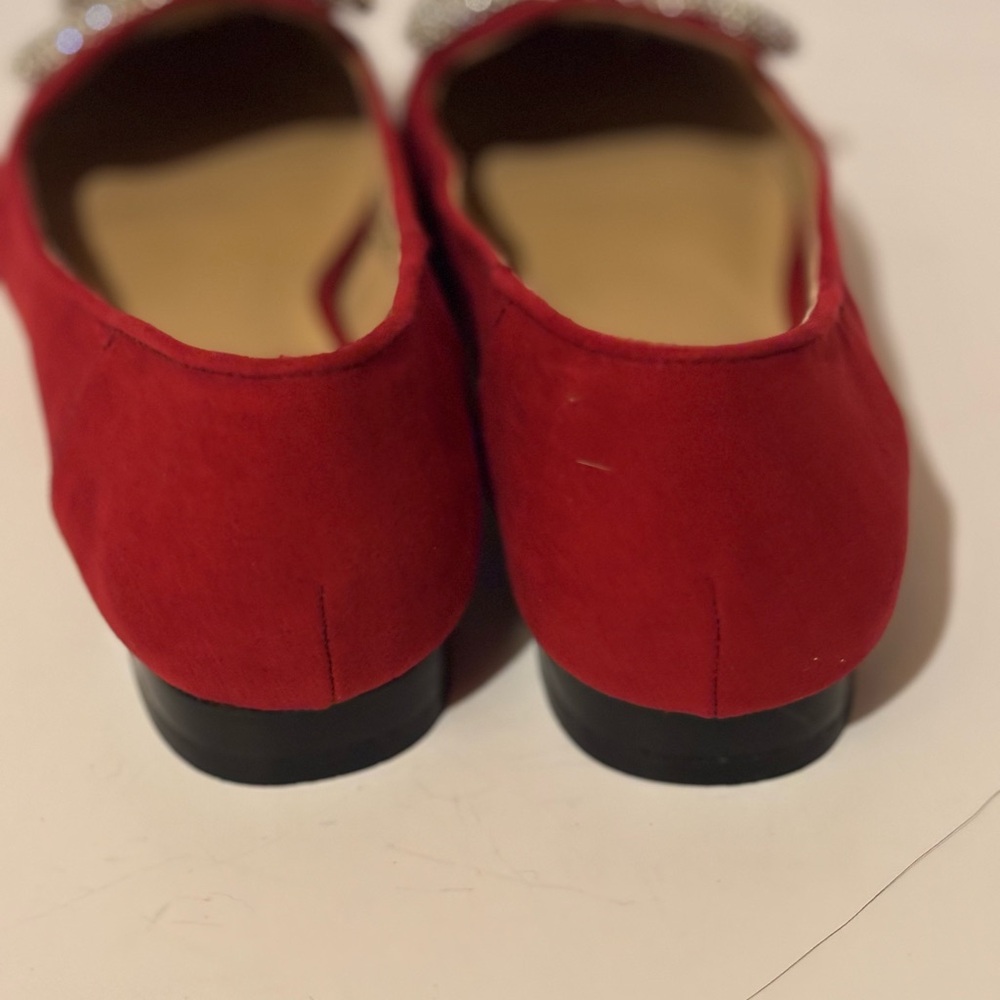 Women’s Red Pointed Toe Flats with Rhinestone Bow - Picture 3 of 7